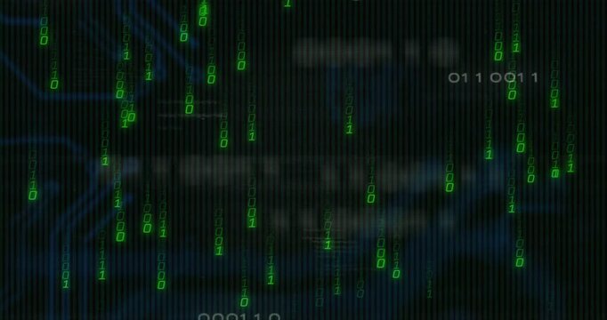 Cascading binary code columns being visualized on dark UI, glowing circuit patterns in flat design