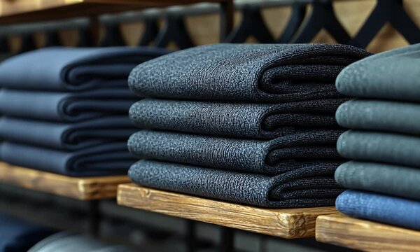 Folded stacks of dark blue fabric neatly arranged on wooden shelves in a store.