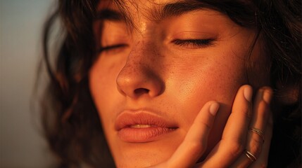 Young Woman Resting Her Cheek on Hand with a Peaceful Expression