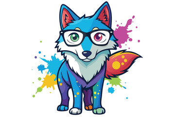 Colorful artistic wolf  in with eyeglasses  colorful paint splatters on white background