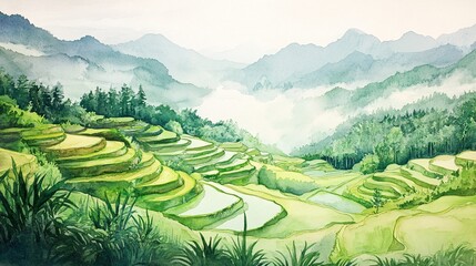 Gentle watercolor landscape of rice terraces with soft green gradients and misty mountains beyond