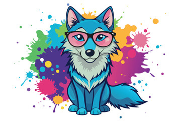 Colorful artistic wolf  in with eyeglasses  colorful paint splatters on white background