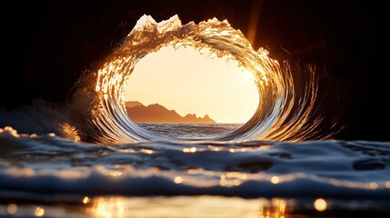 A beach with natural stone arches, waves crashing through, golden hour lighting