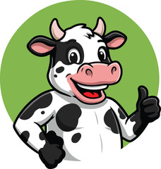 A cartoon cow with black spots giving a thumbs up in front of a green circle background design art
