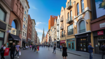 Fototapeta premium Blurry city street scene with people and buildings, perfect for modern urban design or website backgrounds.