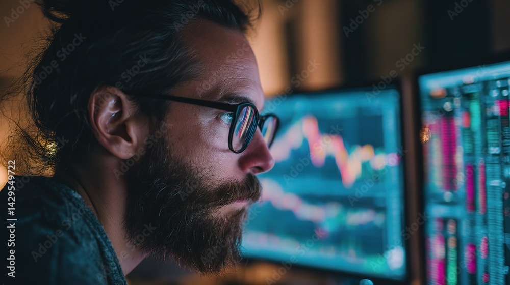 Poster man gazing intently at computer monitor filled with graphs and data