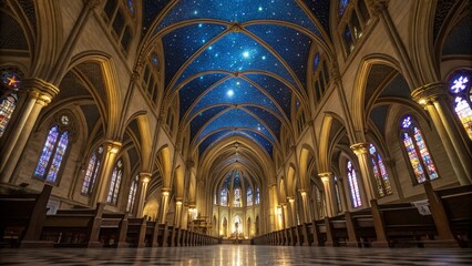 Interior view of a cathedral with stained glass windows and a starry blue ceiling design inside the church created with generated ai
