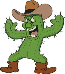 Cartoon cactus wearing a cowboy hat and boots with an angry expression on a white background