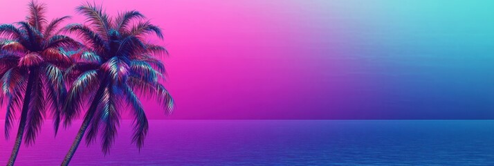 Vibrant graphic layouts featuring purple hues with palm trees and ocean backdrop