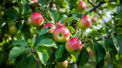 Ripe Red Apples Hanging on a Lush Green Apple Tree