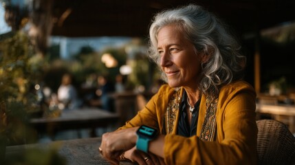 Obraz premium Peaceful senior woman enjoying afternoon at outdoor cafe