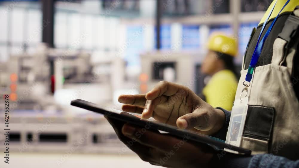 Poster close up of tablet used by smart factory specialist to implement automated workflows and control sys