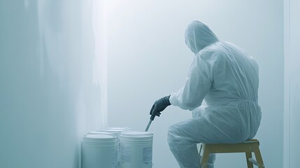 Person in Protective Suit Working with Containers