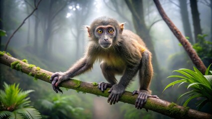 Obraz premium A Young Primate Perched on a Mossy Branch in a Misty Forest