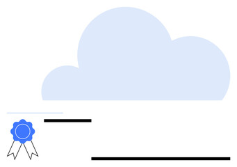 Large cloud silhouette with a blue award ribbon symbolizing certification. Clean layout of lines and spaces highlights focus on achievement. Ideal for education, online learning, data, accreditation