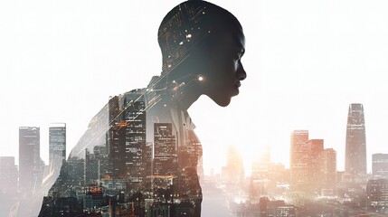 Silhouette of African American Man Blended with Cityscape Background