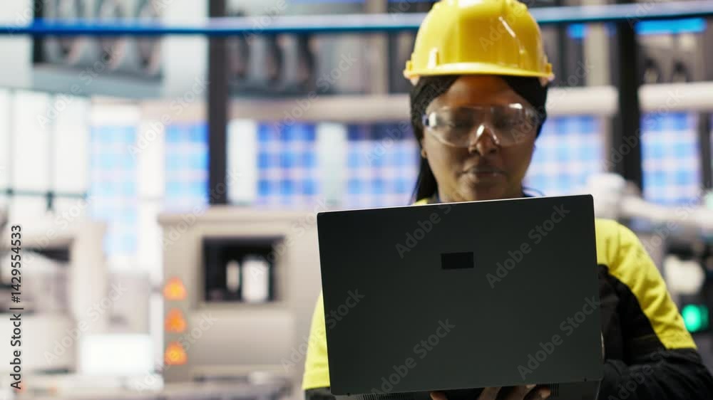 Poster smart factory engineer using laptop to implement automated workflows and control systems, computeriz