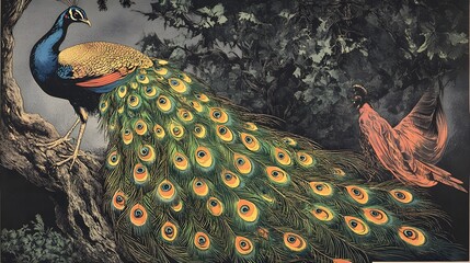 Peacock and nightingale, color woodcut, published in 1897
