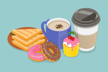 3D Isometric Flat Vector Illustration of Breakfast Drinks and Pastries, Tasty Dishes Elements