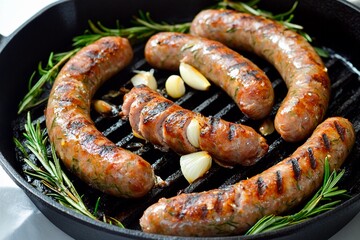 Fototapeta premium Fresh sausages sizzle in a skillet, surrounded by garlic cloves and sprigs of rosemary. This cooking setup takes place during a lively summer cookout gathering