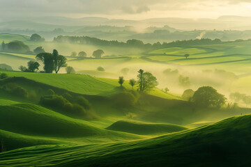 Obraz premium Lush green hills meet a soft, ethereal fog, creating a serene landscape bathed in warm light, evoking feelings of tranquility.