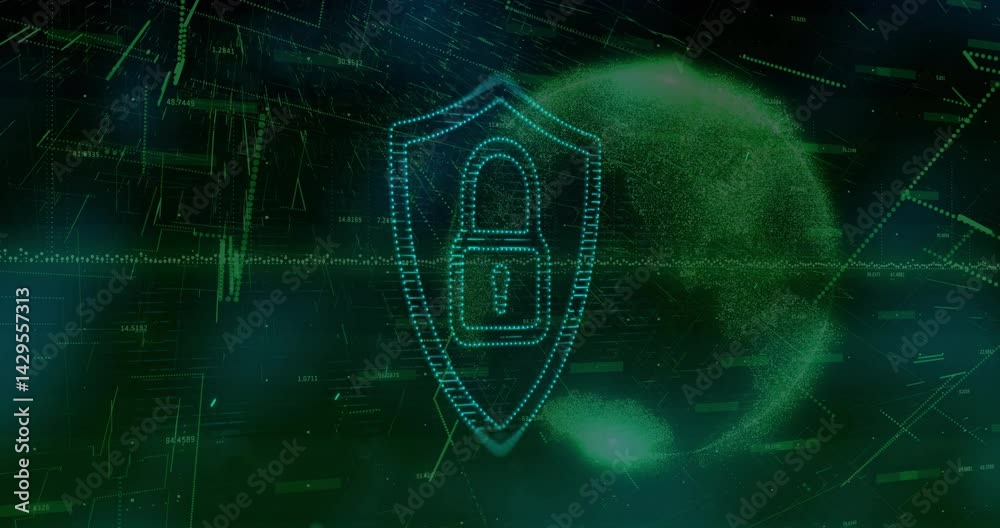 Poster glowing cyan shield outlining padlock and floating inside dark cyber grid, featuring streaming data