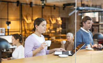 Young woman spending time in cozy coffeehouse with laptop and coffee