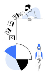 Man pushing blocks spelling RISK off a ledge, pie chart below, and launching rocket. Ideal for growth, caution, innovation, financial progress, analysis strategic planning. Flat simple metaphor