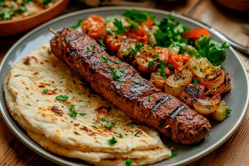 Savor a delightful meal featuring a perfectly grilled kebab accompanied by roasted tomatoes, onions, fresh herbs, and warm flatbread on a rustic wooden surface