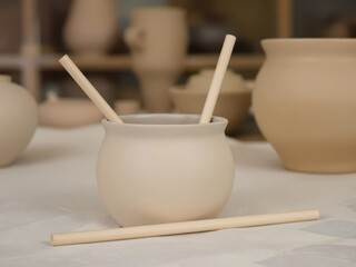 A white ceramic bowl with two wooden sticks in it