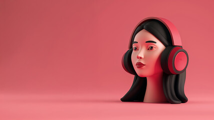 female character with large headphones in a soft pink setting. Ideal for World Music Day, audio content, and tech branding visuals.