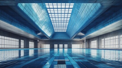Obraz premium Indoor pool, modern architecture, sunlight, calm water, architectural design