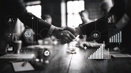 Obraz premium Professional Handshake in Meeting Room with Business Graphs Overlay