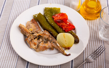 Rich rabbit stew with baked beans and bell peppers