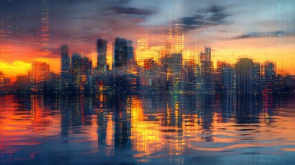 Obraz premium Stunning Cityscape Sunset Reflection Digital Art Modern Urban Skyline Vibrant Orange Yellow Hues Artistic Water Texture Detailed Cityscape Evening 
