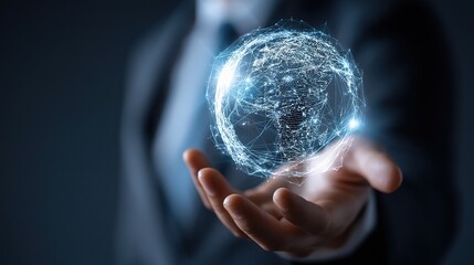 Businessman Presenting 3D Hologram Globe with Glowing Network Lines