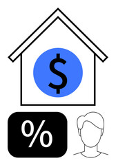 House outline with central dollar sign, percent block, and person silhouette suggest financial aspects, loans, and affordability. Ideal for finance, mortgage, housing, economy real estate cost