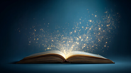 An open book radiating magical sparks against a dark blue background, evoking wonder and imagination