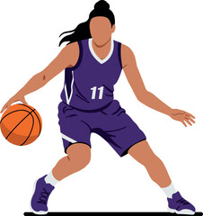 Female basketball player dribbling ball in purple uniform with number eleven dynamic sports action 