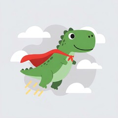 Naklejka premium Adorable Green Dinosaur Superhero Soaring Through Clouds Cartoon Illustration