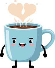 Cute smiling coffee cup with heart shaped steam in blue mug vector illustration 