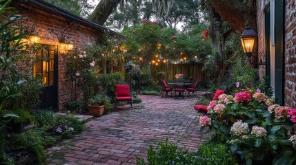 Fototapeta premium Outdoor brick patio lit with string lights for evening party, nature background