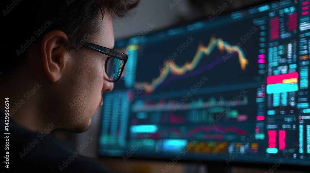 Poster man gazing at computer monitor filled with colorful graphs and data