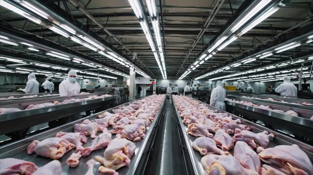 Efficient poultry processing in large facility with workers handling chicken products