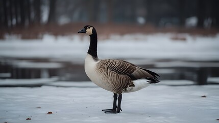 Fototapeta premium Majestic Canada Goose on Snowy Winter Lake