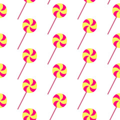 Spooky Halloween background with swirl lollipop in seamless style. Yellow festive lollipop repeated pattern for scary candy decor. Concept holiday design with sweet Halloween lollipop theme. Wrapping