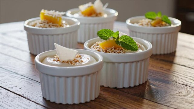 Dessert preparation features individual servings of coconut pudding topped with fruits for a beautiful presentation