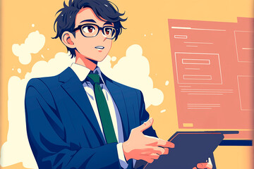 【AI生成画像】漫画タッチのプレゼンをする眼鏡の男性