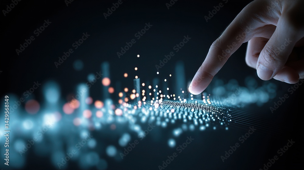 Poster touchscreen interaction with glowing data points and hand gesture