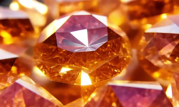 Close-up view of manyfaceted, amber-colored gemstones